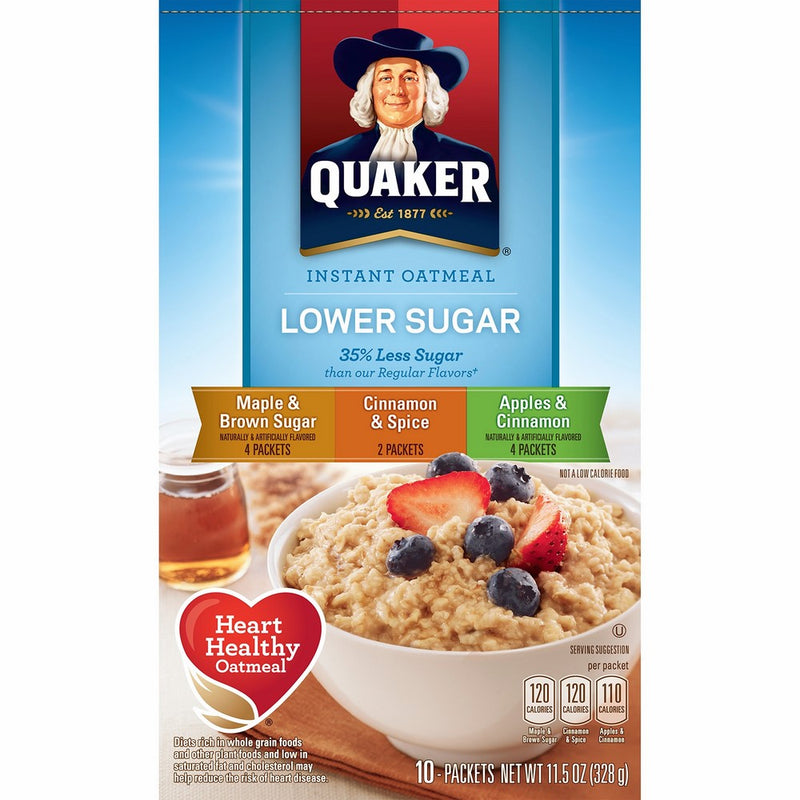 Quaker Instant Oatmeal Lower Sugar, Flavor Variety Pack, 10 Count Boxes, 11.5 Ounce, (Pack of 4)