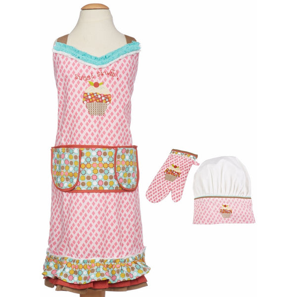 MUkitchen MiniMu Kids 3-Piece Cotton Chef Set with Apron, Hat and Mitt, Sweet Stuff