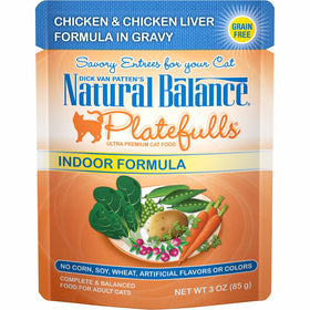 Natural Balance Platefulls Grain Free Indoor Cat Food, Indoor Chicken and Chicken Liver Formula in Gravy, 3-Ounce Pouches (Pack of 24)