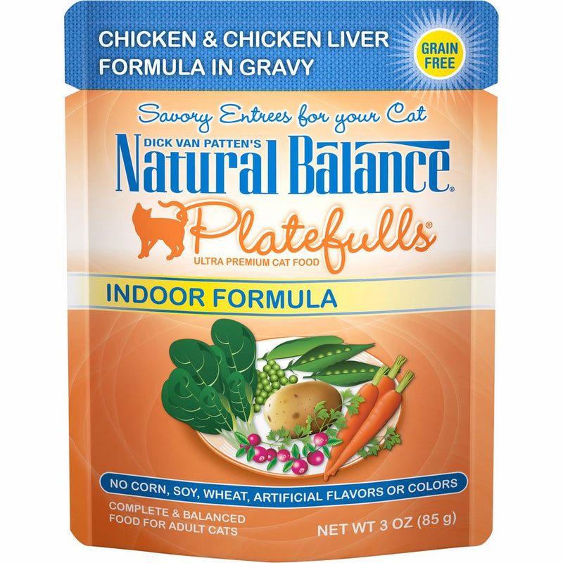 Natural Balance Platefulls Grain Free Indoor Cat Food, Indoor Chicken and Chicken Liver Formula in Gravy, 3-Ounce Pouches (Pack of 24)