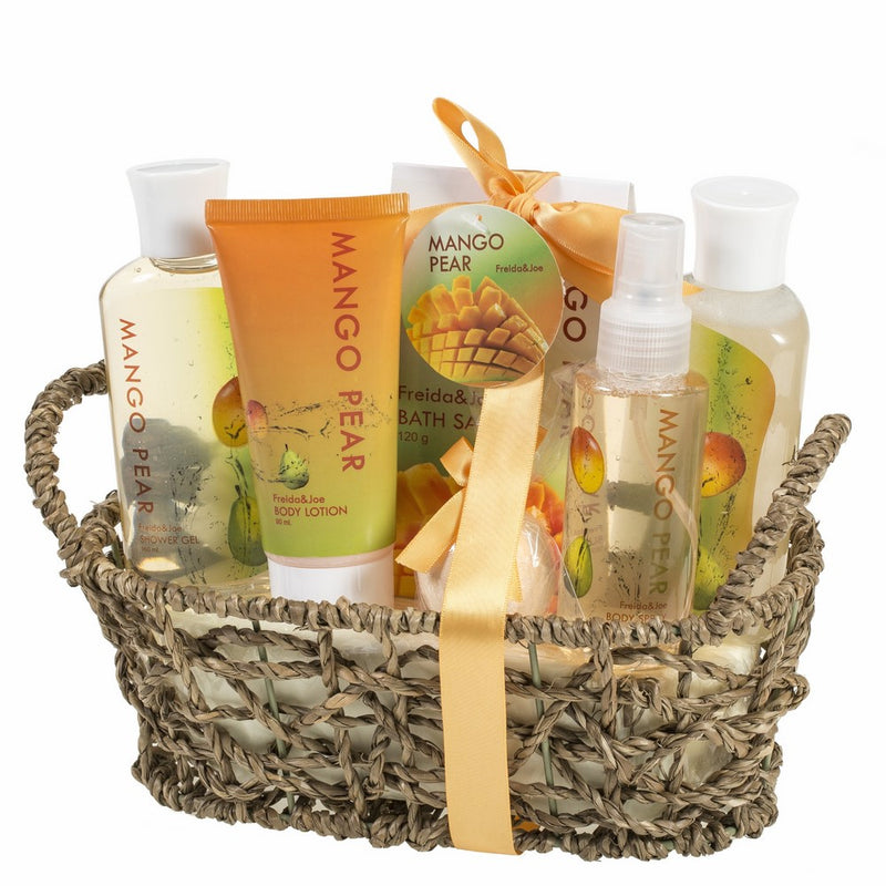 Tropical Beauty Mango-Pear Relaxing Bath and Body Wash Gift Set - Complete Tropical Spa Gift Basket With Shower Gel, Bubble Bath, Bath Salt, Tropical Scent Lotion, Body Spray, and Bath Bomb