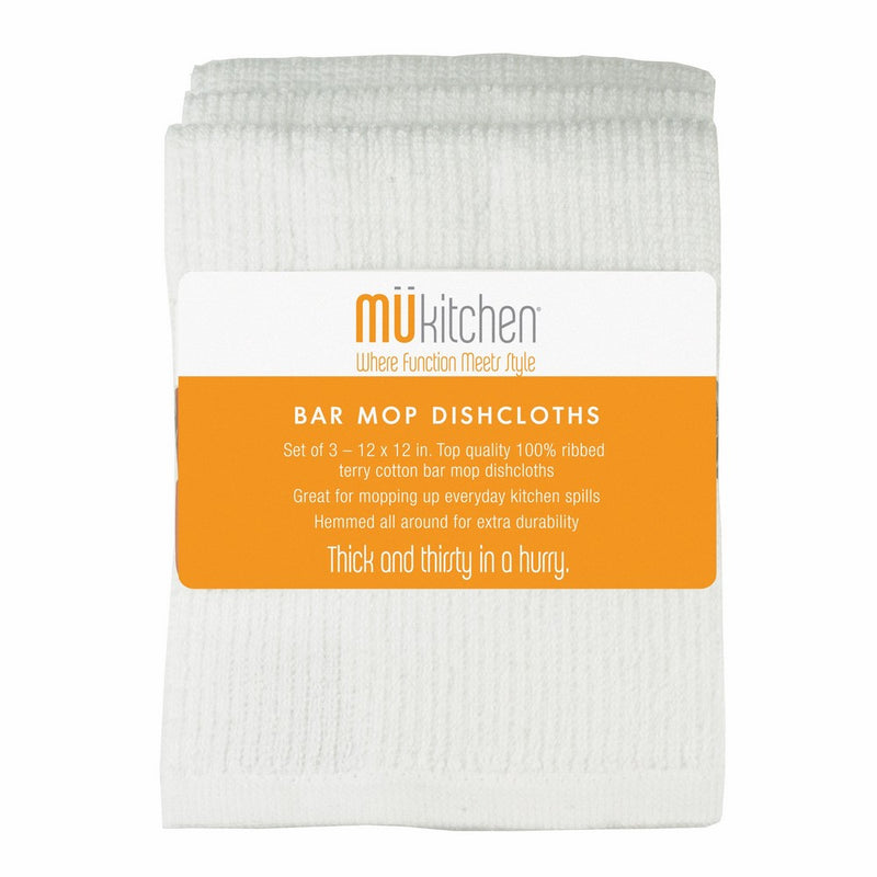 MUkitchen Cotton Bar Mop Dishcloth, 12 by 12-Inches, Set of 3, White