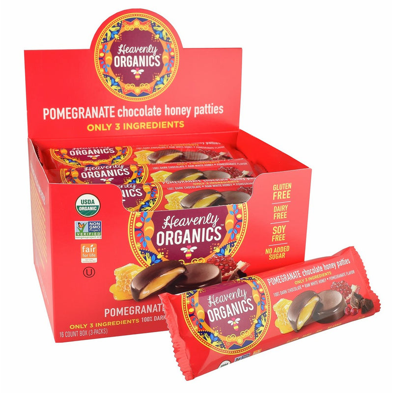 Heavenly Organics Pomegranate Chocolate Honey Patties (16 Per Box) Made with 100% Organic Cocoa and 100% Organic Raw White Honey; Non-GMO, Fair Trade, Kosher, Dairy & Gluten Free, No Sugar Added