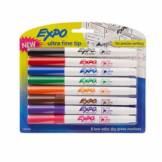 EXPO 1884309 Low-Odor Dry Erase Markers, Ultra Fine Tip, Assorted Colors, 8-Count