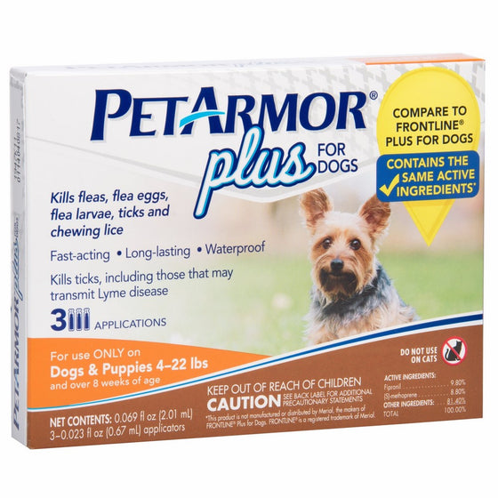 PETARMOR Plus Flea & Tick Prevention for Small Dogs with Fipronil (4 to 22 Pounds), 3 Monthly Treatments