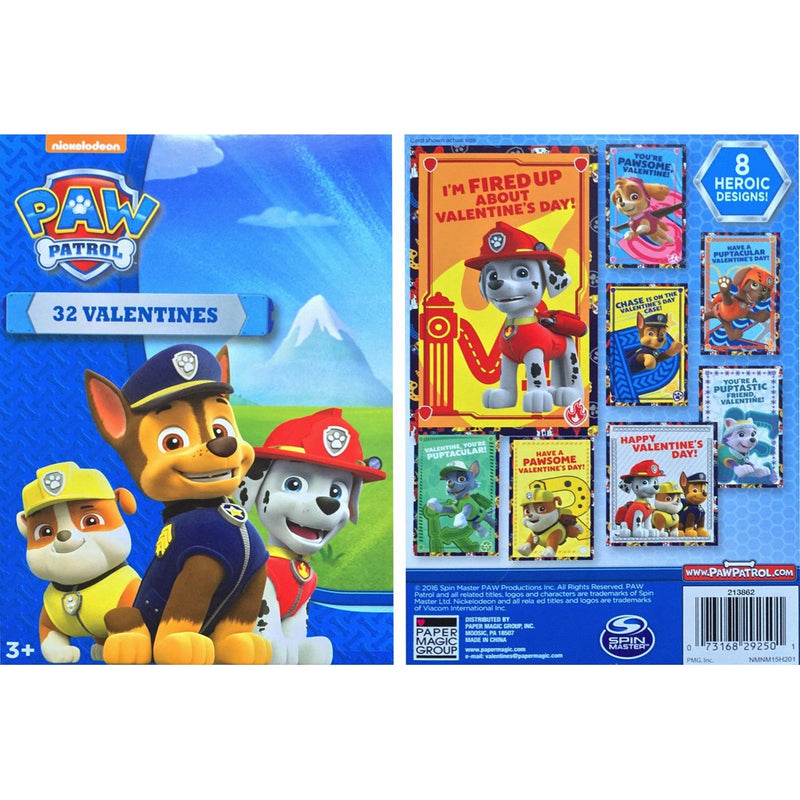 Paw Patrol 32 Valentines Cards 8 Heroic Designs Featuring Chase Marshall Rubble Skye Zuma Rocky Everest - Nickelodeon Spin Master Paper Magic