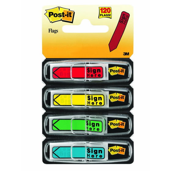 Post-it Message Flags,Sign Here, Assorted Colors, Bold Arrow Points Rrecisely Where You Need a Document Signed.47 in. Wide, 30/Dispenser, 4 Dispensers/Pack, (684-SH)