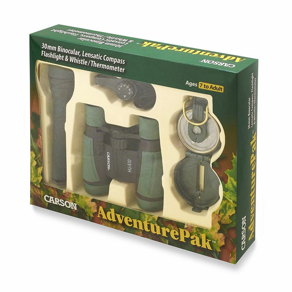 Carson AdventurePak Containing 30mm Kids Field Binoculars, Lensatic Compass, Flashlight and Signal Whistle with a Buit-in Thermometer (HU-401)