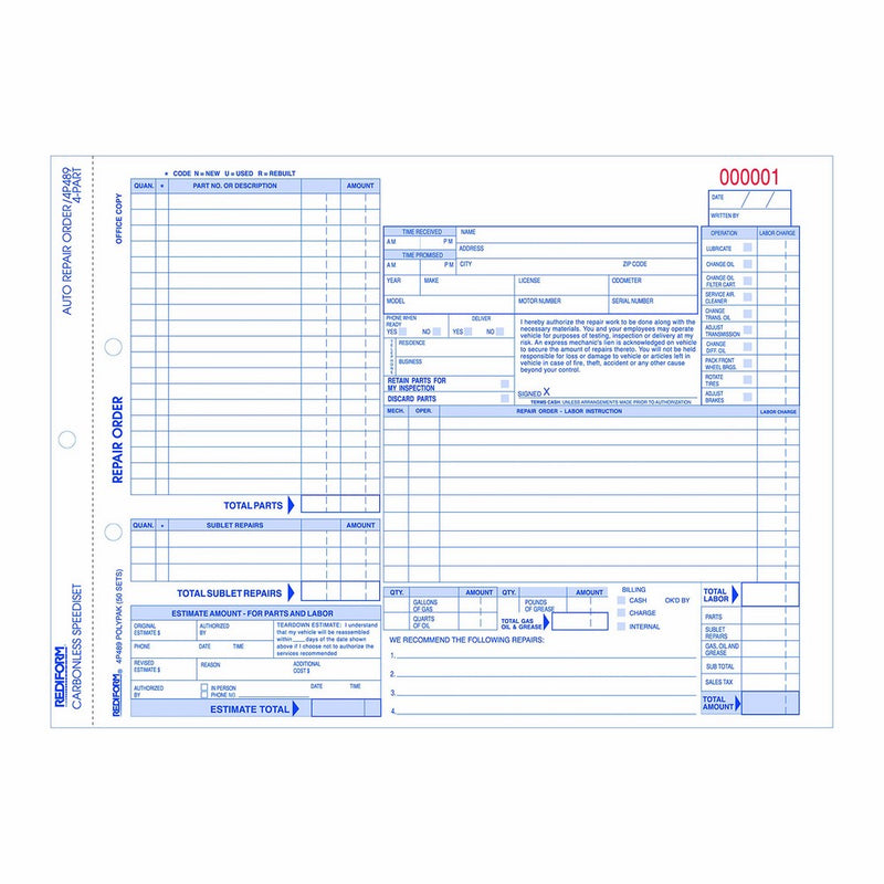 REDIFORM Auto Repair Polypack, Carbonless, 4 Part, 8.5 x 11", 50 Forms (4P489)