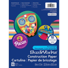 Pacon SunWorks Construction Paper, 9-Inches by 12-Inches, 50-Count, Assorted (6503)