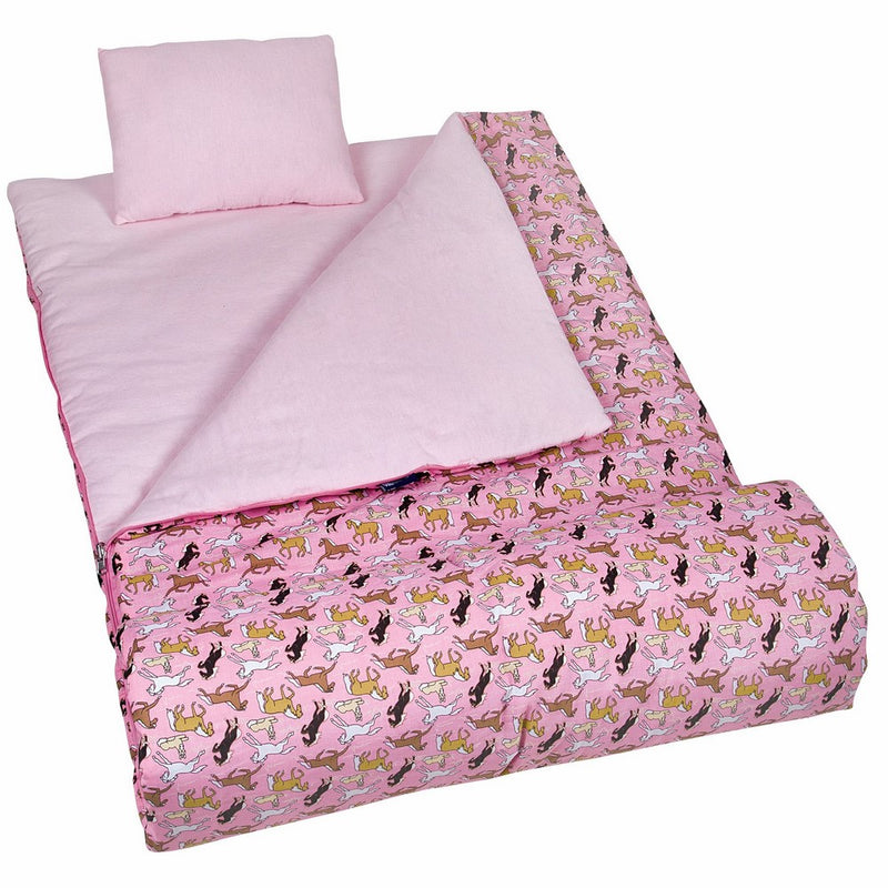 Wildkin Sleeping Bag, Children's Original Sleeping Bag with Pillowcase and Storage Bag, Premium Cotton & Microfiber Blend Exterior, 100% Cotton Flannel Interior, Ages 5, Horses in Pink