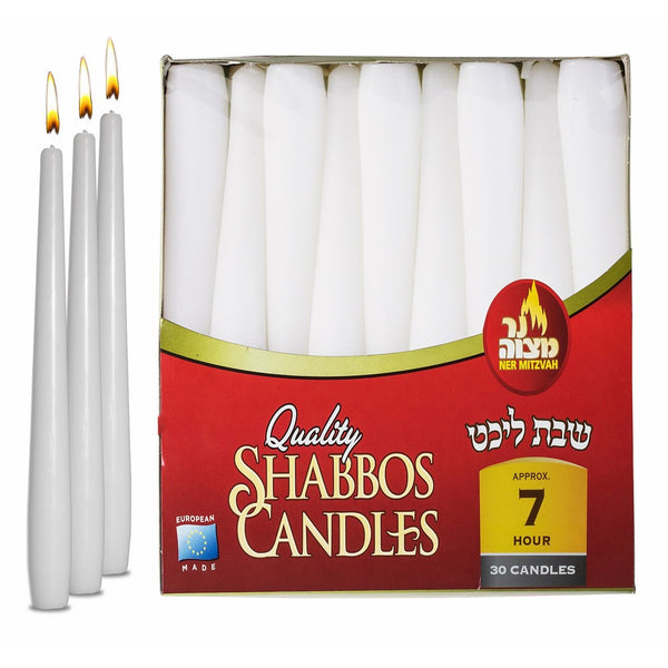 Classic White Taper Candles – 30 Bulk Pack – For Shabbat, Dinner Tables, Restaurants, Ceremonies and Emergency - 7 Hour Burn Time - by Ner Mitzvah