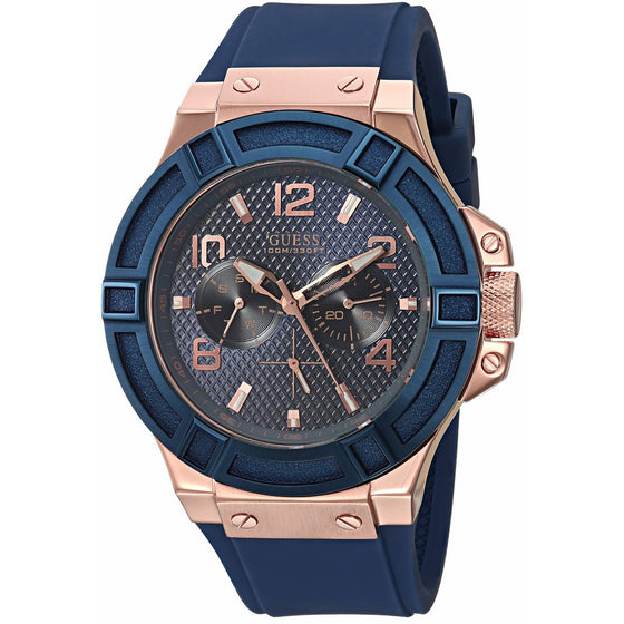GUESS Men's Stainless Steel Silicone Casual Watch, Color Rose Gold-Tone/Rigor Blue (Model: U0247G3)