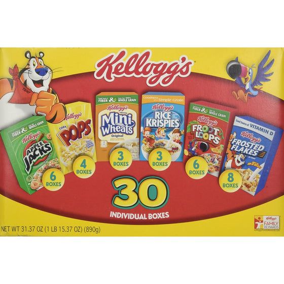 Kellogg's Cereal Jumbo Variety Pack, 31.37 oz, 30 Pack