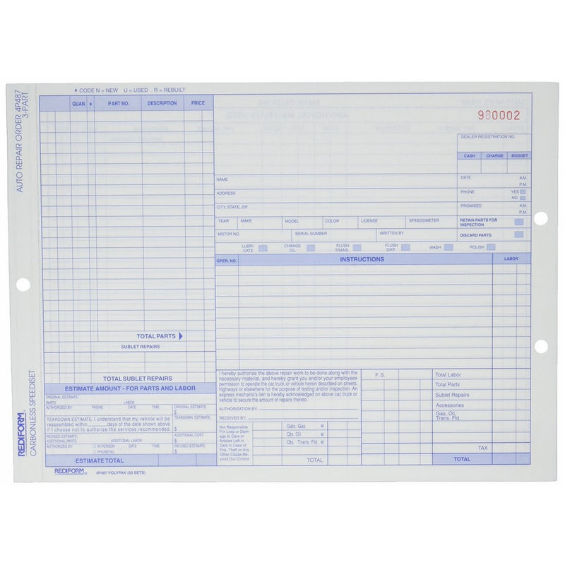 Rediform Auto Repair Polypack, Carbonless, 3 Part, 8.5 x 11 inches, 50 Forms (4P487)