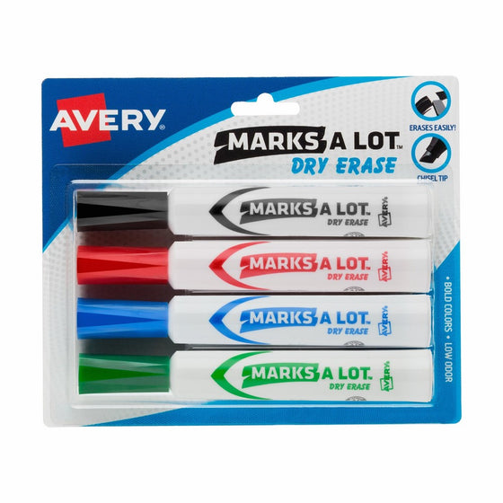 Avery Marks-A-Lot Dry Erase Markers, Assorted Colors (1 Black, 1 Blue, 1 Green, 1 Red) Pack 4 (24409)