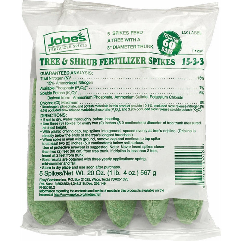 Jobe's Tree & Shrub Fertilizer Spikes 15-3-3 Time Release Fertilizer for Trees & Shrubs, 5 Spikes per Clear Bag