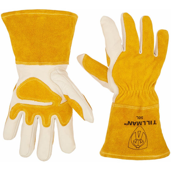 John Tillman and Co 50L Top Grain Leather MIG Gloves with Split Leather Palm Reinforcements, Split Leather Back, Fleece Lining, Seamless Forefinger and Elastic Back (Carded), Large