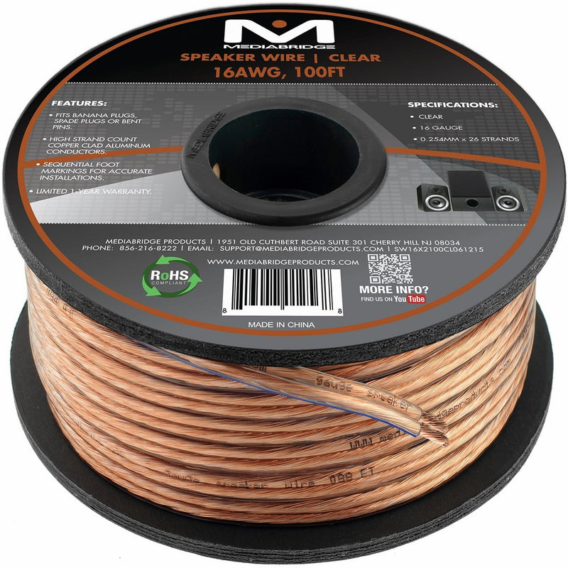 Mediabridge 16AWG 2-Conductor Speaker Wire (100 Feet, Clear) - Spooled Design with Sequential Foot Markings (Part# SW-16X2-100-CL)