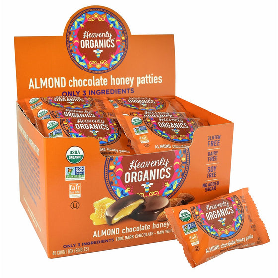 Heavenly Organics Almond Chocolate Honey Patties, (40 Singles) Made with 100% Organic Cocoa and 100% Organic Raw White Honey; Non-GMO, Fair Trade, Kosher, Dairy & Gluten Free, No Sugar Added