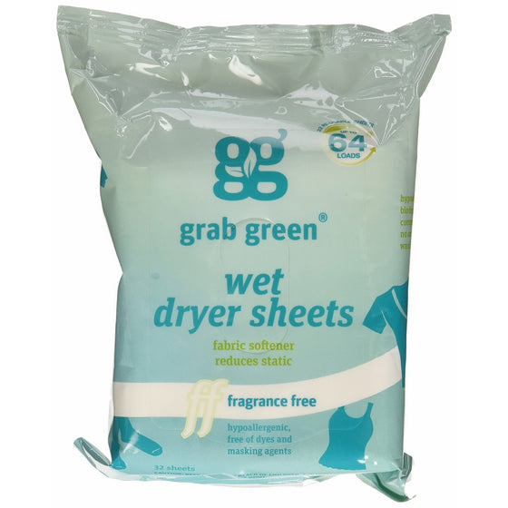 GrabGreen Fragrance Free Dryer Sheets - 32 per pack - 6 packs per case.