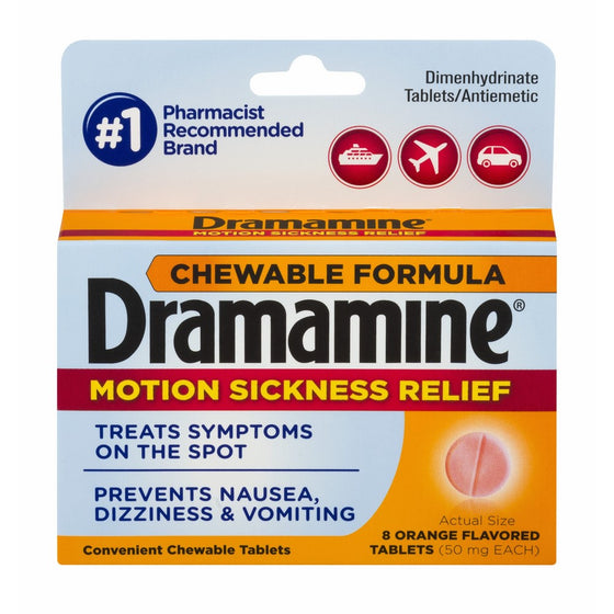 Dramamine Motion Sickness Relief Chewable Tablets, Orange Flavored, 8 Count