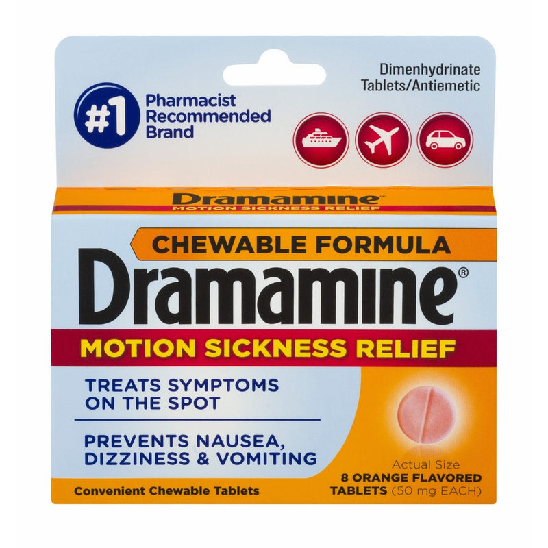 Dramamine Motion Sickness Relief Chewable Tablets, Orange Flavored, 8 Count