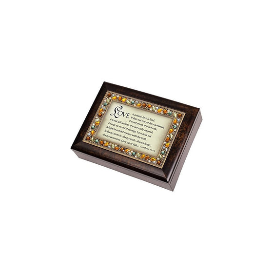 I Corinthians 13:4-6 Italian Style Burlwood Finish Jewel Lid Music Jewelry Box Plays Amazing Grace