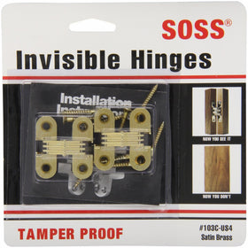 SOSS Mortise Mount Invisible Hinges with 4 Holes, Zinc, Satin Brass Finish, 1-1/2" Leaf Height, 1/2" Leaf Width, 19/32" Leaf Thickness, #6 x 1" Screw Size (1 Pair)