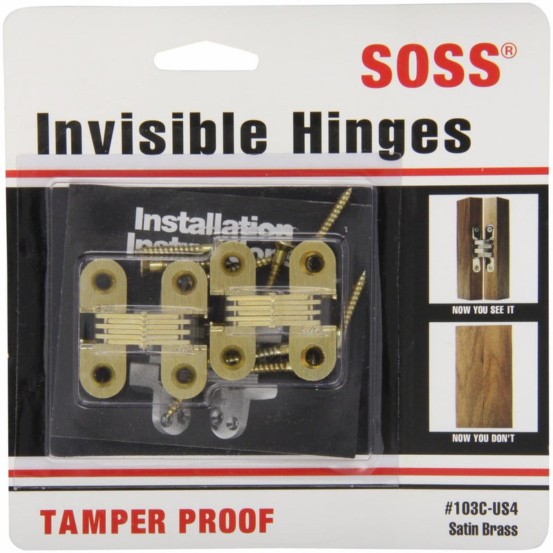 SOSS Mortise Mount Invisible Hinges with 4 Holes, Zinc, Satin Brass Finish, 1-1/2" Leaf Height, 1/2" Leaf Width, 19/32" Leaf Thickness, #6 x 1" Screw Size (1 Pair)
