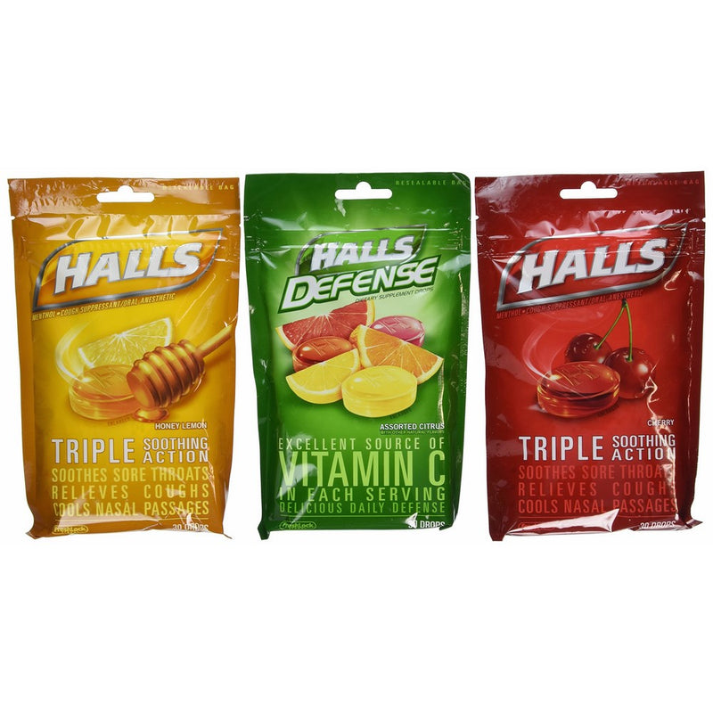 Halls Cough Drops 6 Pack - 2 Cherry, 2 Honey Lemon, 2 Assorted Citrus