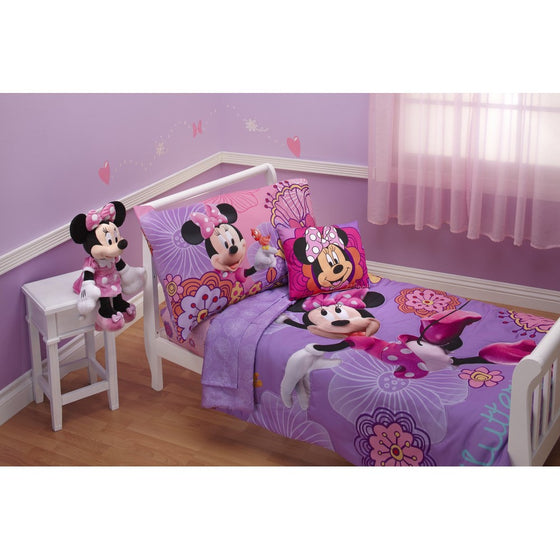 Disney 4 Piece Minnie's Fluttery Friends Toddler Bedding Set, Lavender