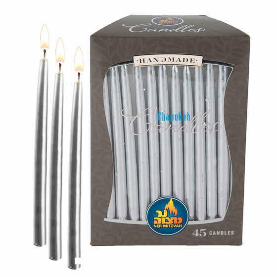 Silver Metallic Dripless Chanukah and Birthday Candles - Standard Size Fits Most Menorahs - Premium Quality Wax - 45 Count For All 8 Nights of Hanukkah - by Ner Mitzvah