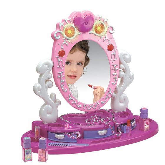 Dresser Vanity Beauty Set | Pink Princess Pretend Play Dressing Table Top Set with Makeup Mirror, Jewelry and Accessories | Music and Lights for Little Girls