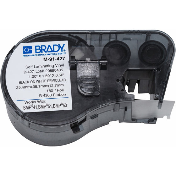 Brady Self-Laminating Vinyl Label Tape (M-91-427) - Black on White, Semi Clear Tape - Compatible with BMP41, BMP51, BMP53 Label Printers - 1.5" Height, .5" Width