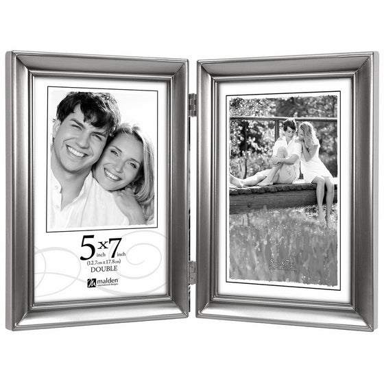 Malden International Designs Concourse Pewter Metal Hinged Picture Frame, Double Vertical, 2-5x7, Silver