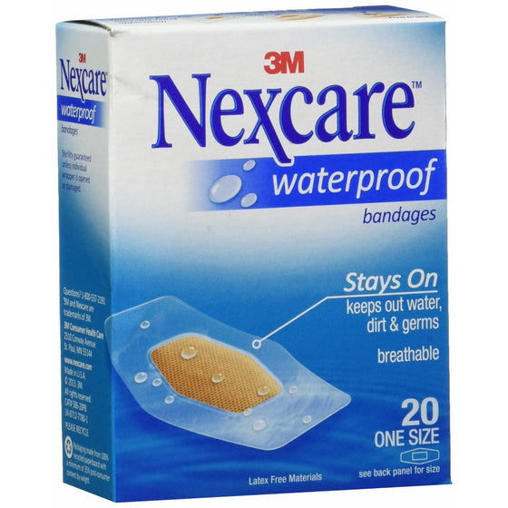 Nexcare Waterproof Bandages, Seals Out Water, Dirt, Germs, Ideal for Sports and Exposure to Water, One Size, 20 Count (Pack Of 4)