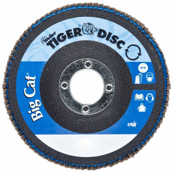 Weiler Big Cat High Density Abrasive Flap Disc, Type 27, Round Hole, Phenolic Backing, Zirconia Alumina, 4-1/2" Dia, 80 Grit (Pack of 1)
