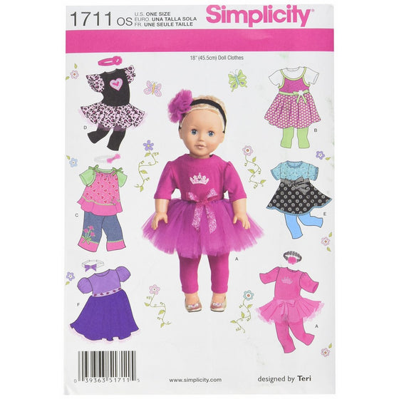 Simplicity 1711 18-Inch Doll Clothes Sewing Pattern, Size OS (One Size)