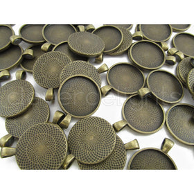 50 CleverDelights Round Pendant Trays - Antique Bronze Color - 25mm 1" Diameter - Pendant Blanks Cameo Bezel Cabochon Settings - 25 mm 1 Inch