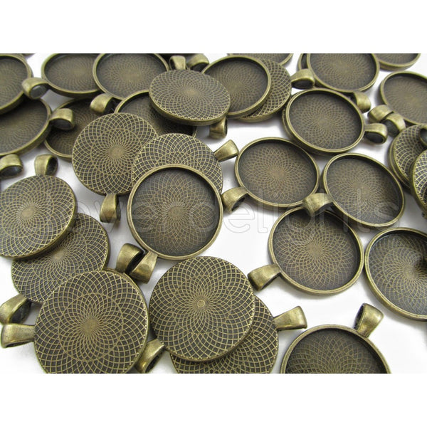 50 CleverDelights Round Pendant Trays - Antique Bronze Color - 25mm 1" Diameter - Pendant Blanks Cameo Bezel Cabochon Settings - 25 mm 1 Inch