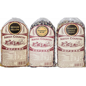 Amish Country Popcorn 3 (1 lb. Bag Variety) with Recipe Guide - Midnight Blue, Rainbow, and Medium Yellow