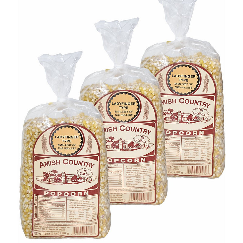 Amish Country Popcorn Ladyfinger Popcorn - Old Fashioned, Non GMO, Gluten Free, (3) 1 LB Bags - with Recipe Guide and 1 Year Extended Freshness Warranty