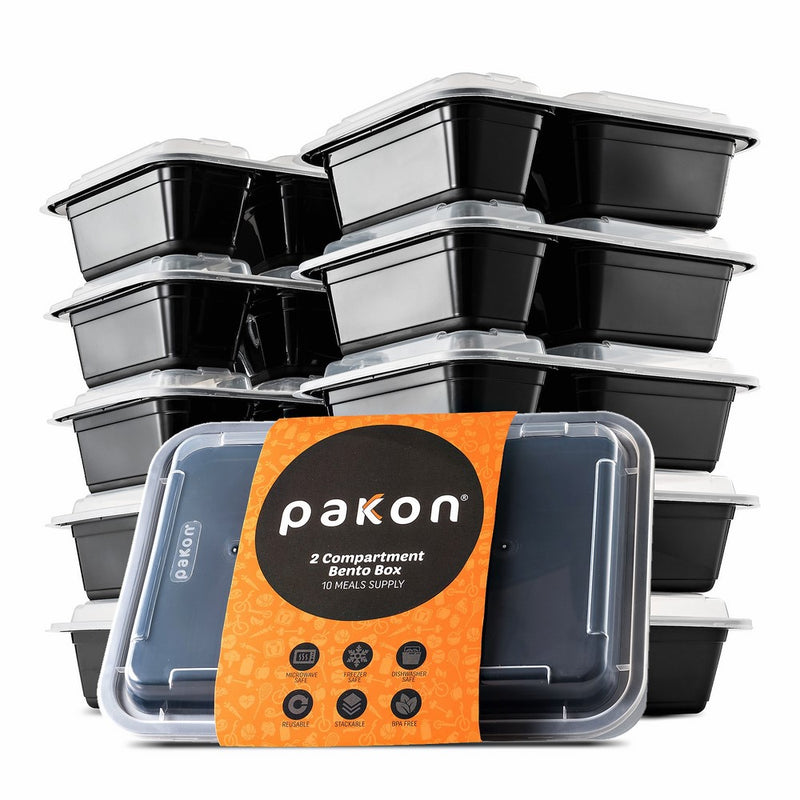Pakkon 2 Compartment Plastic Bento Lunch Box with Airtight Lid, Pack of 10