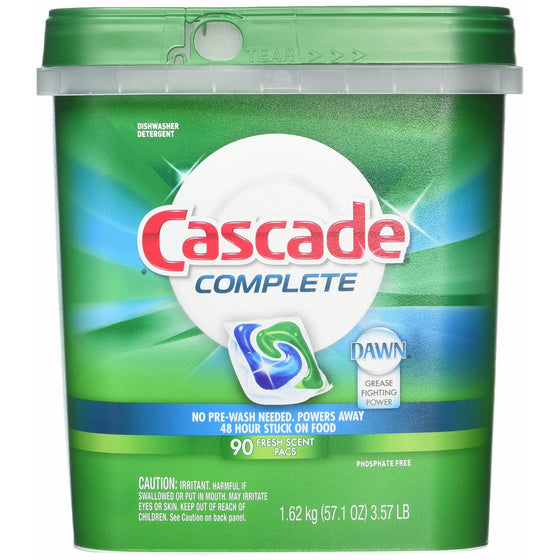 Cascade Complete Dishwasher Detergent, with Dawn Grease Fighting Power, 90 Fresh Scent Action Pacs