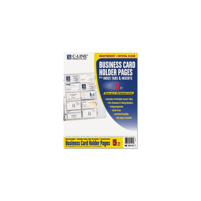 C-Line 61117 Tabbed Business Card Binder Pages, 20 Cards Per Letter Page, Clear (Pack of 5 Pages)