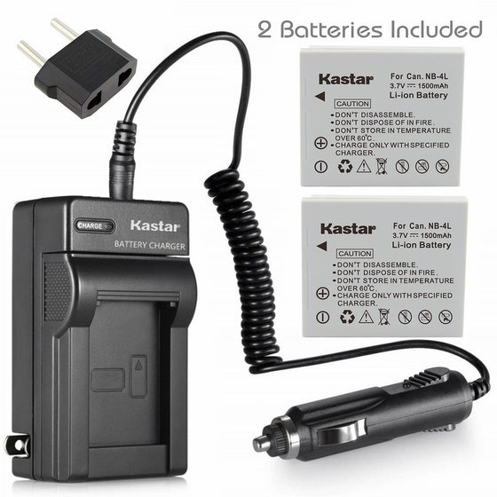 Kastar Charger with Car Adapter 2 Battery for Canon NB-4L NB4L and Canon PowerShot SD300 SD400 SD450 SD600 SD630 SD750 SD780 IS SD940 IS SD960 IS SD970 IS SD1000 SD1100 IS SD1400 IS TX1 Cameras