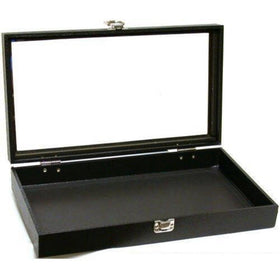 Black Jewelry Travel Showcase Display Glass Lid Case 14 3/4"W x 8 1/4"D x 2 1/8"H