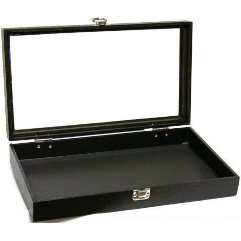 Black Jewelry Travel Showcase Display Glass Lid Case 14 3/4"W x 8 1/4"D x 2 1/8"H