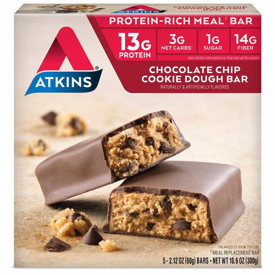 Atkins Protein-Rich Meal Bar, Chocolate Chip Cookie Dough, 10.6 Oz (Pack of 6)